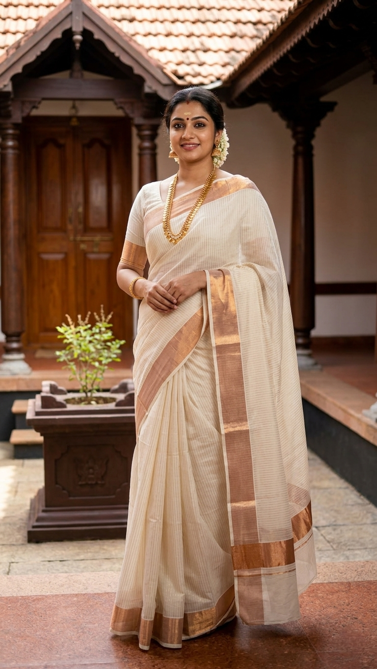 Kerala Cotton Saree with Stripes Lines-Rose Gold Zari