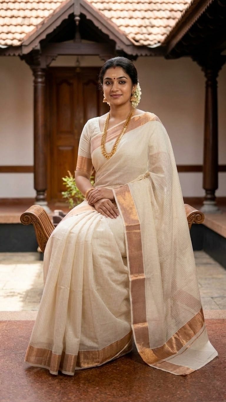 Kerala Cotton Saree with Stripes Lines-Rose Gold Zari