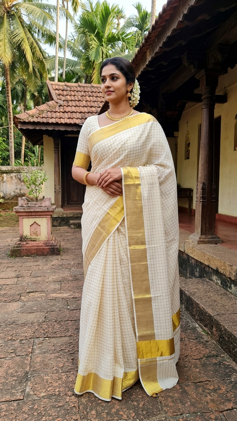 Kerala Set Saree with Golden Zari Checks