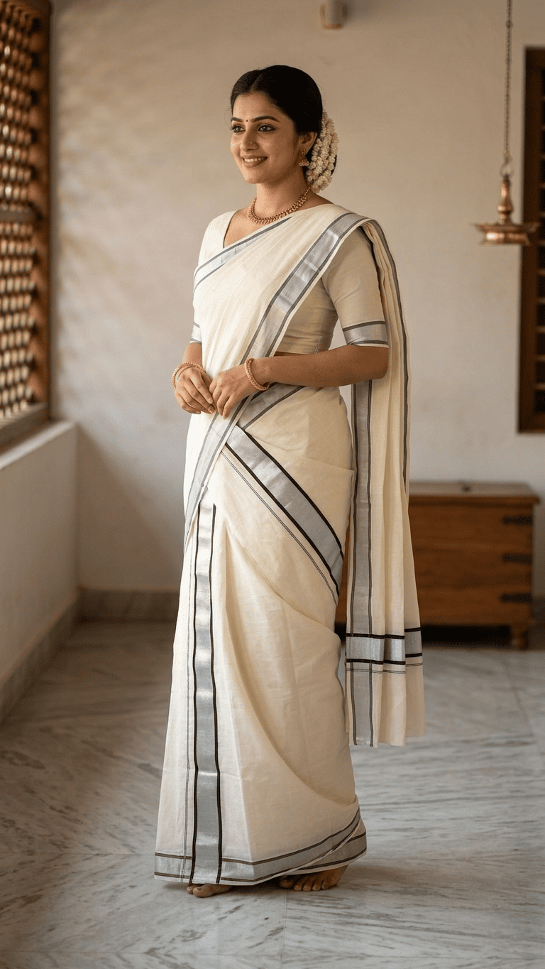 Kerala Cotton Single Set Mundu with Silver Kasavu 2.8 Mtr
