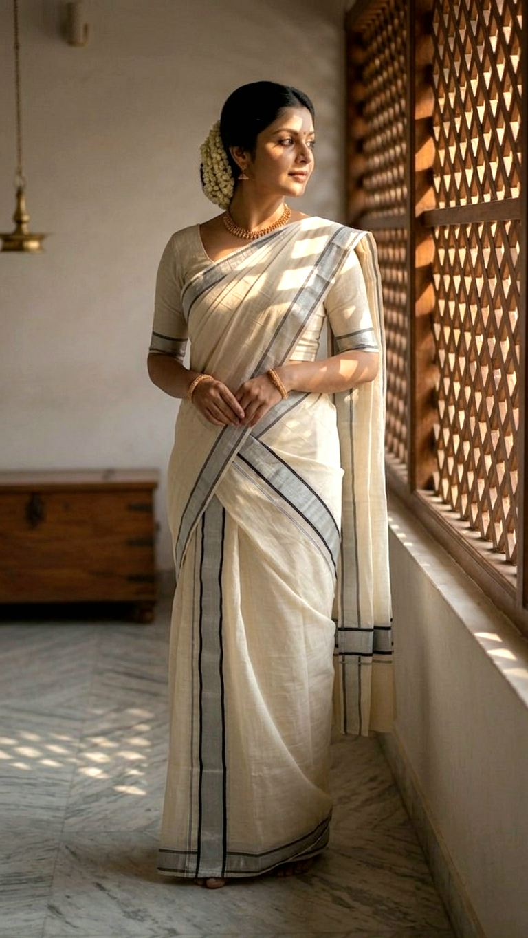 Kerala Cotton Single Set Mundu with Silver Kasavu 2.8 Mtr