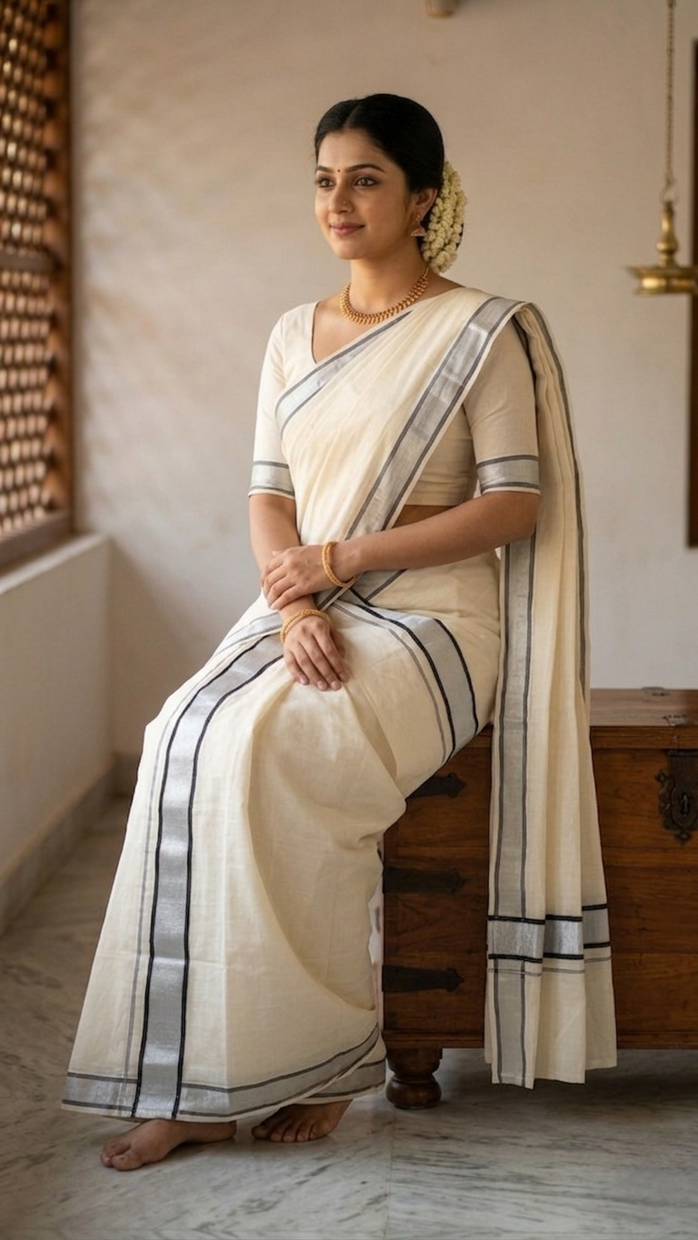 Kerala Cotton Single Set Mundu with Silver Kasavu 2.8 Mtr
