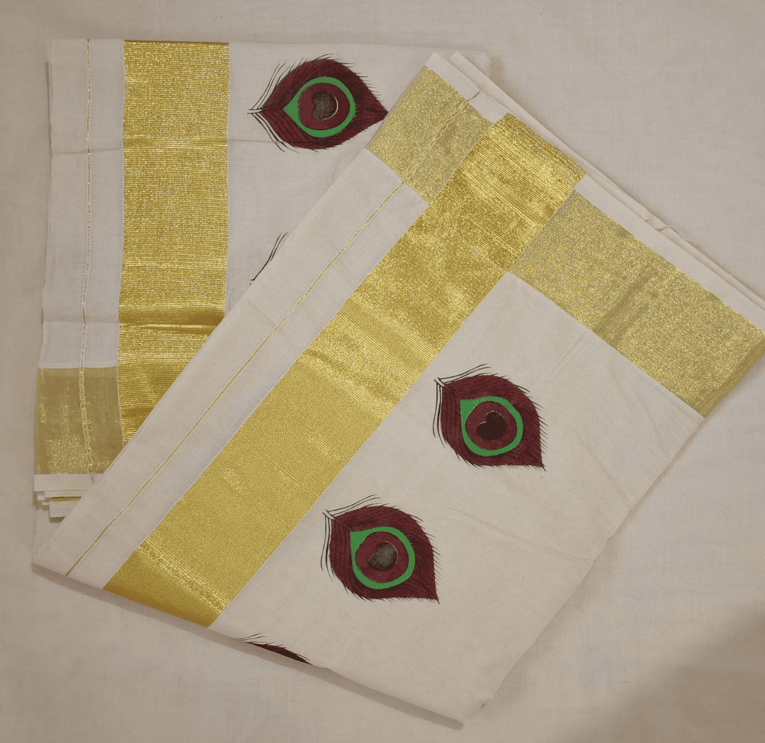 Kerala Cotton Kasavu Set Saree With Peeli Print write a description