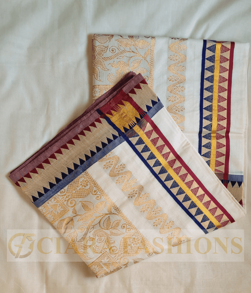 Kerala Cotton Self Weaved Design Saree with Colour Border