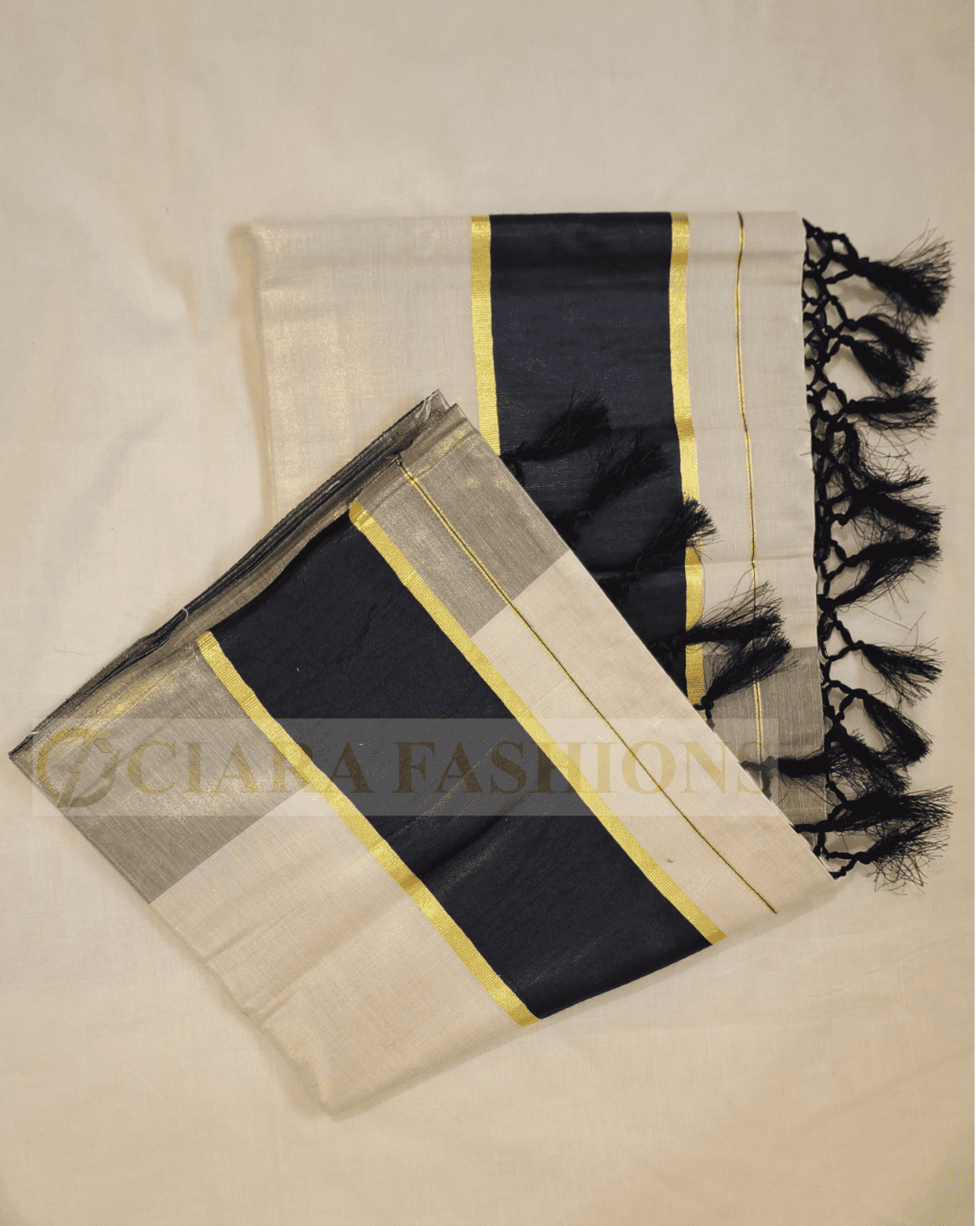 Kerala Tissue Saree with Colour Border - Golden with Dark Kasavu