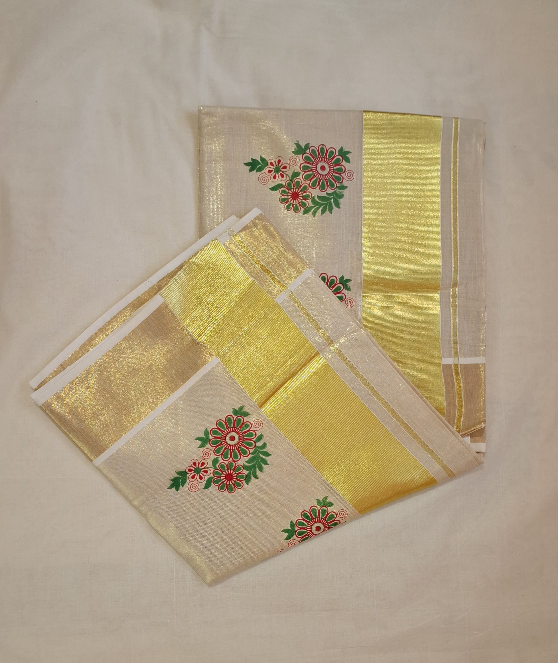 Kerala Tissue Kasavu Set Saree With Flower Print