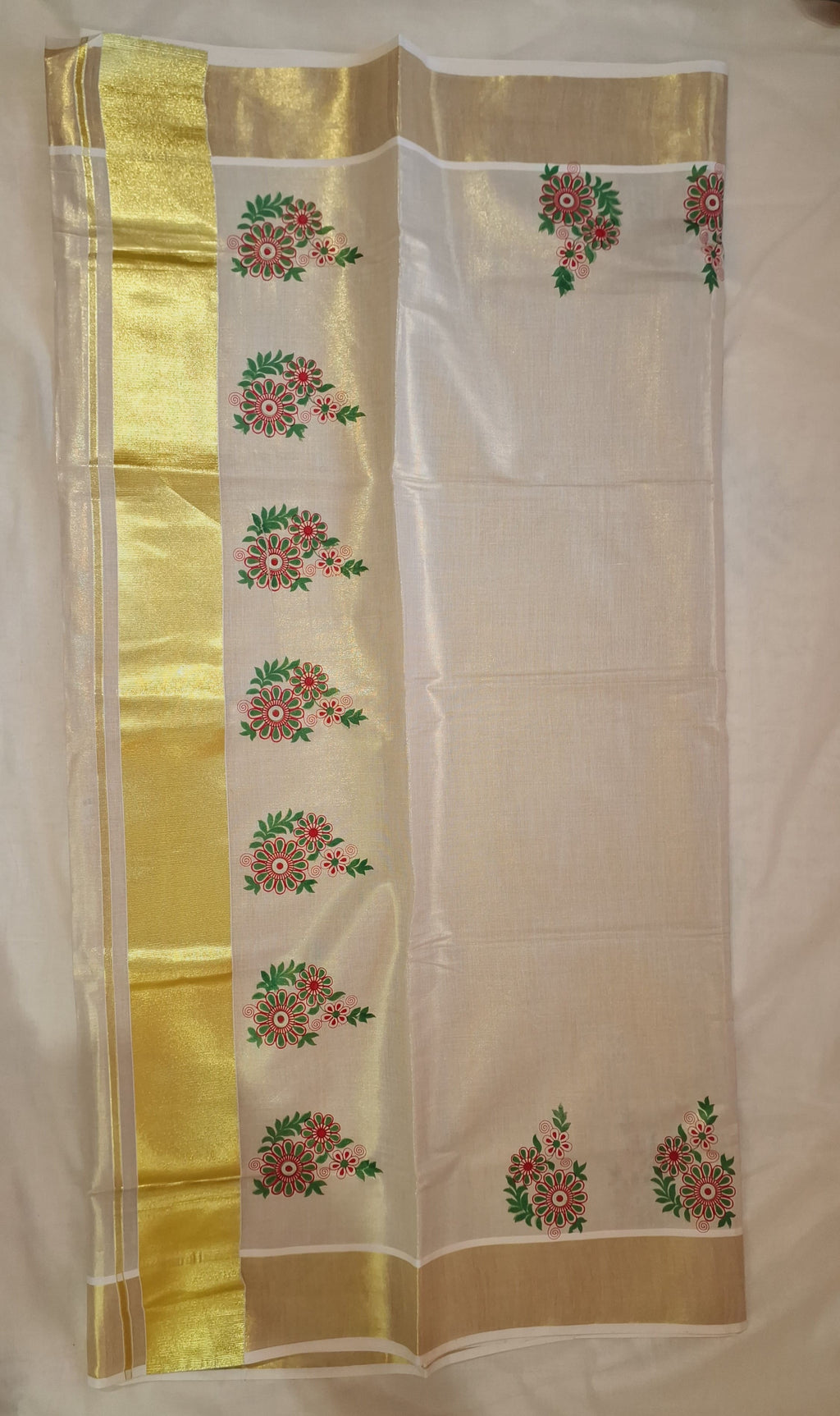 Kerala Tissue Kasavu Set Saree With Flower Print