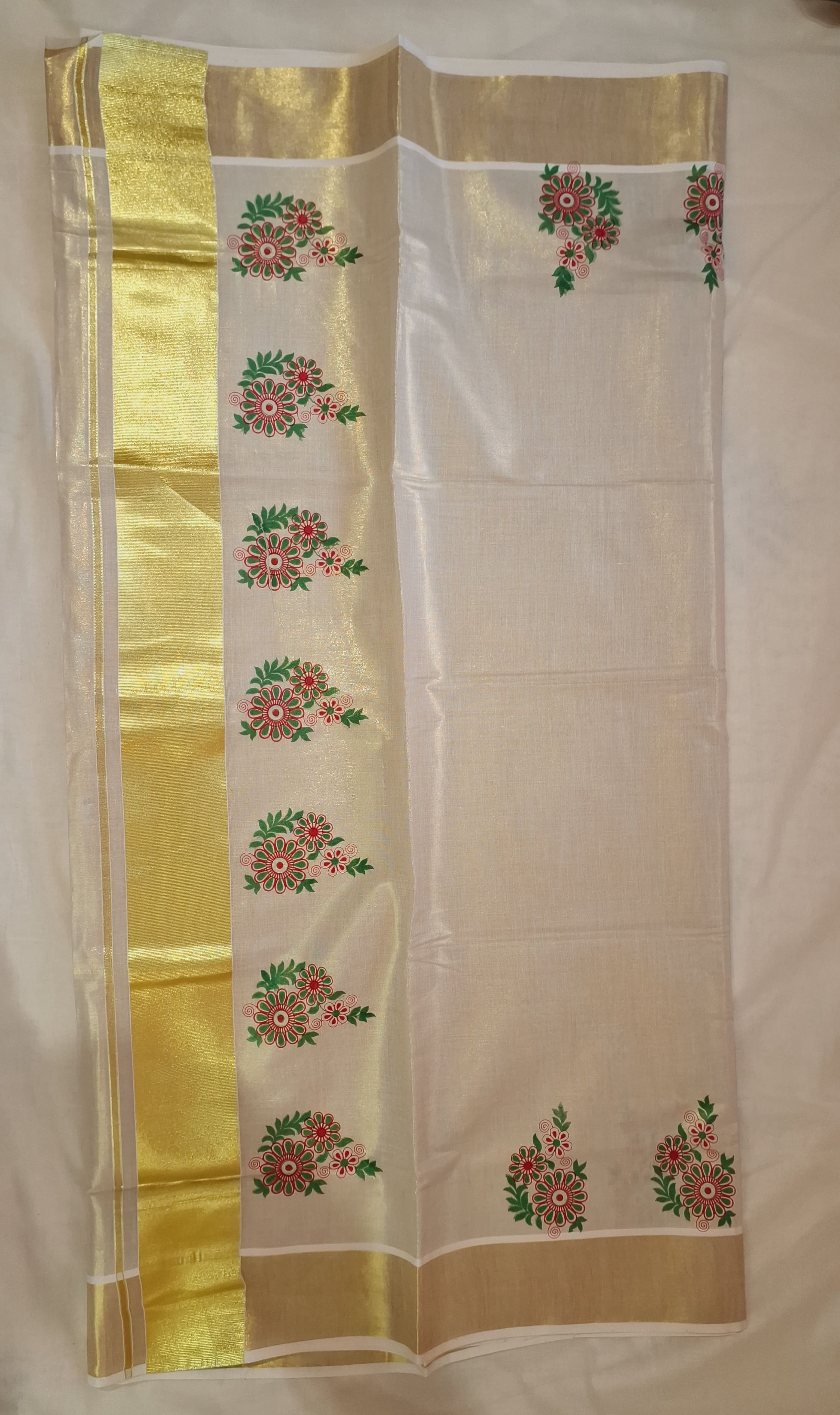 Kerala Tissue Kasavu Set Saree With Flower Print