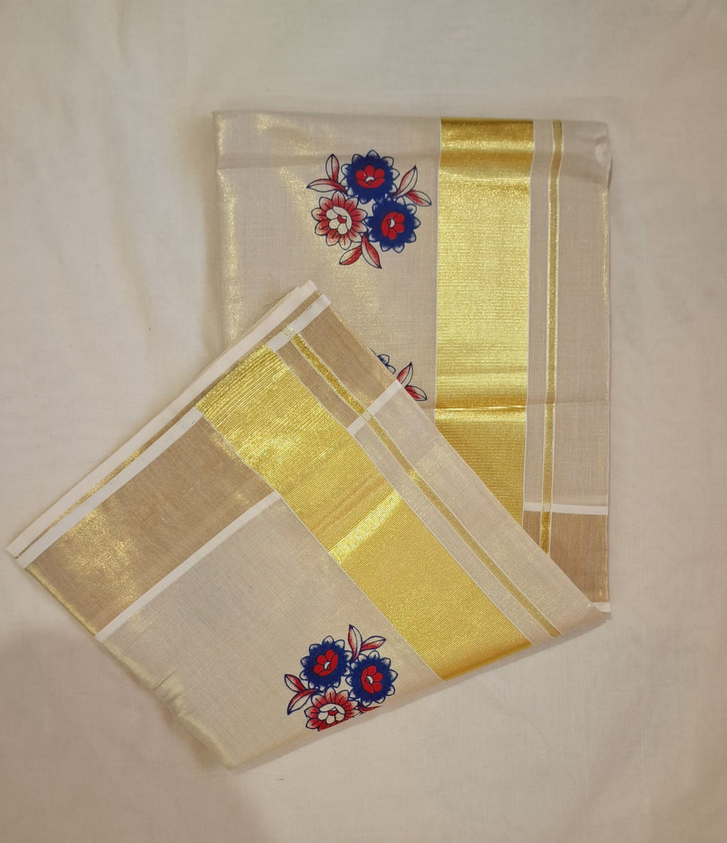 Kerala Tissue Kasavu Set Saree With Flower Print