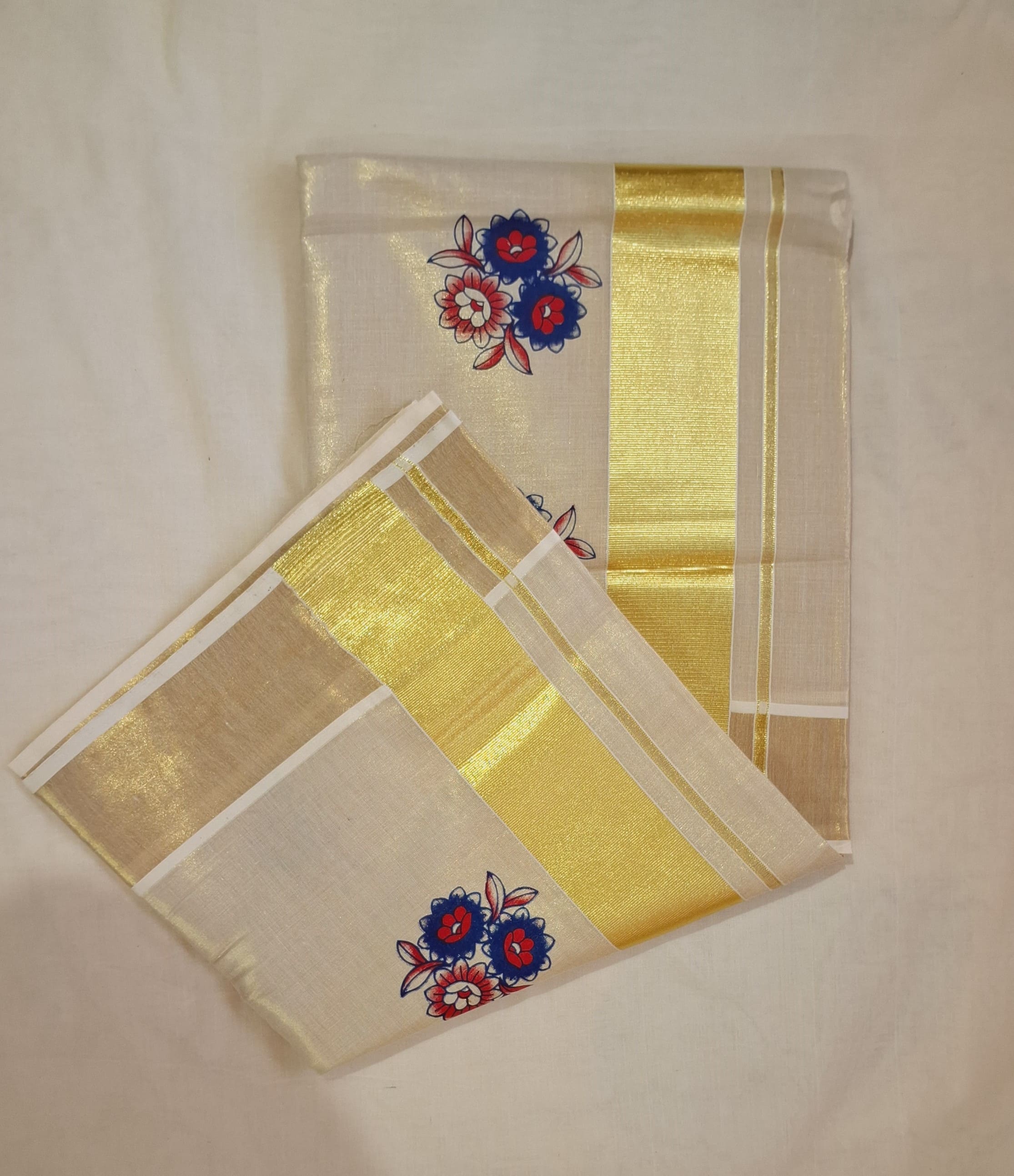 Kerala Tissue Kasavu Set Saree With Flower Print