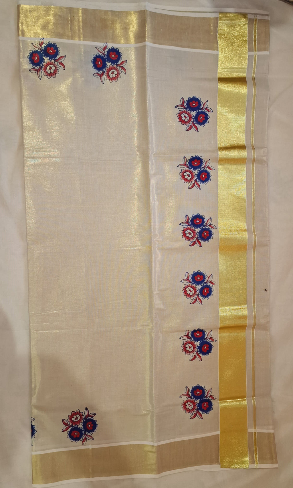 Kerala Tissue Kasavu Set Saree With Flower Print