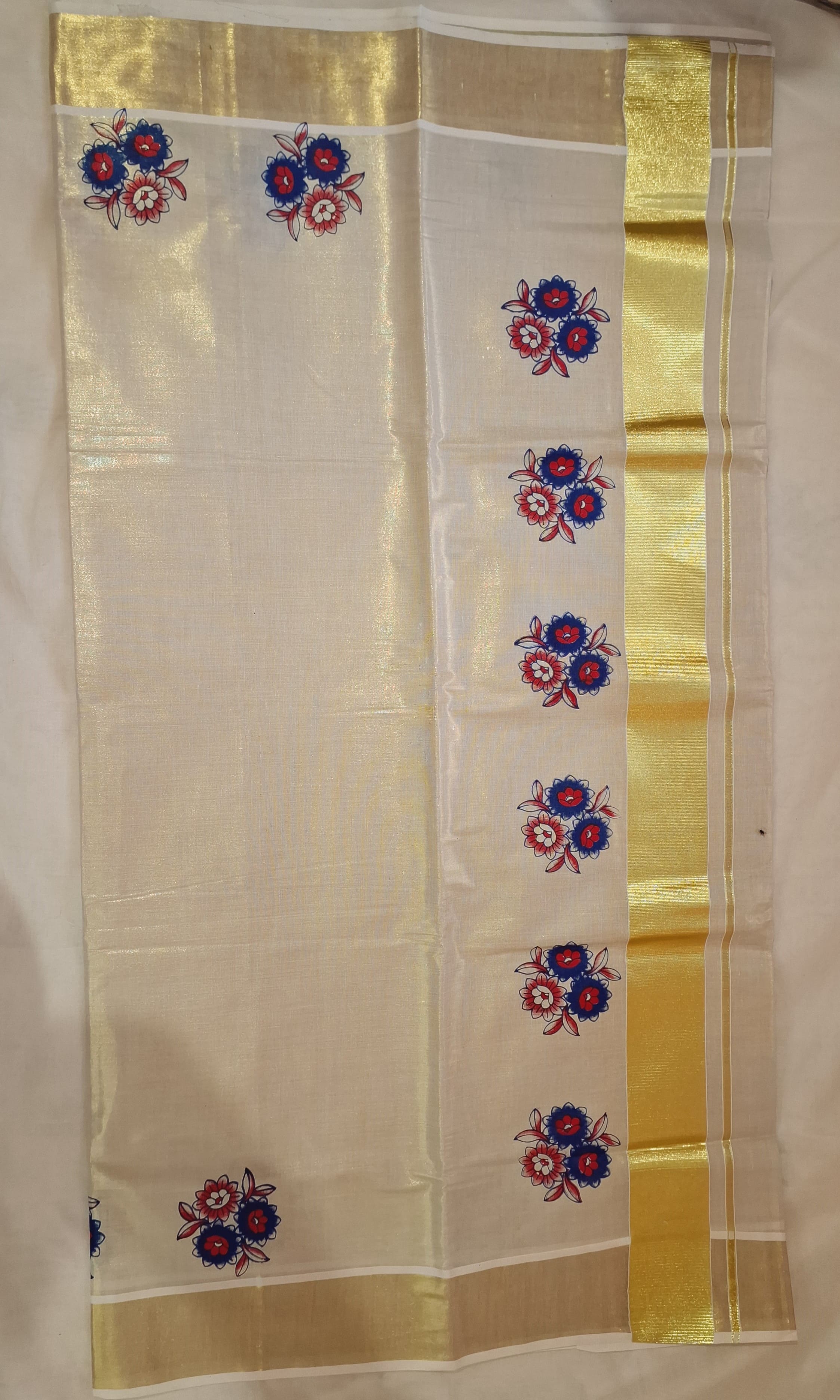 Kerala Tissue Kasavu Set Saree With Flower Print