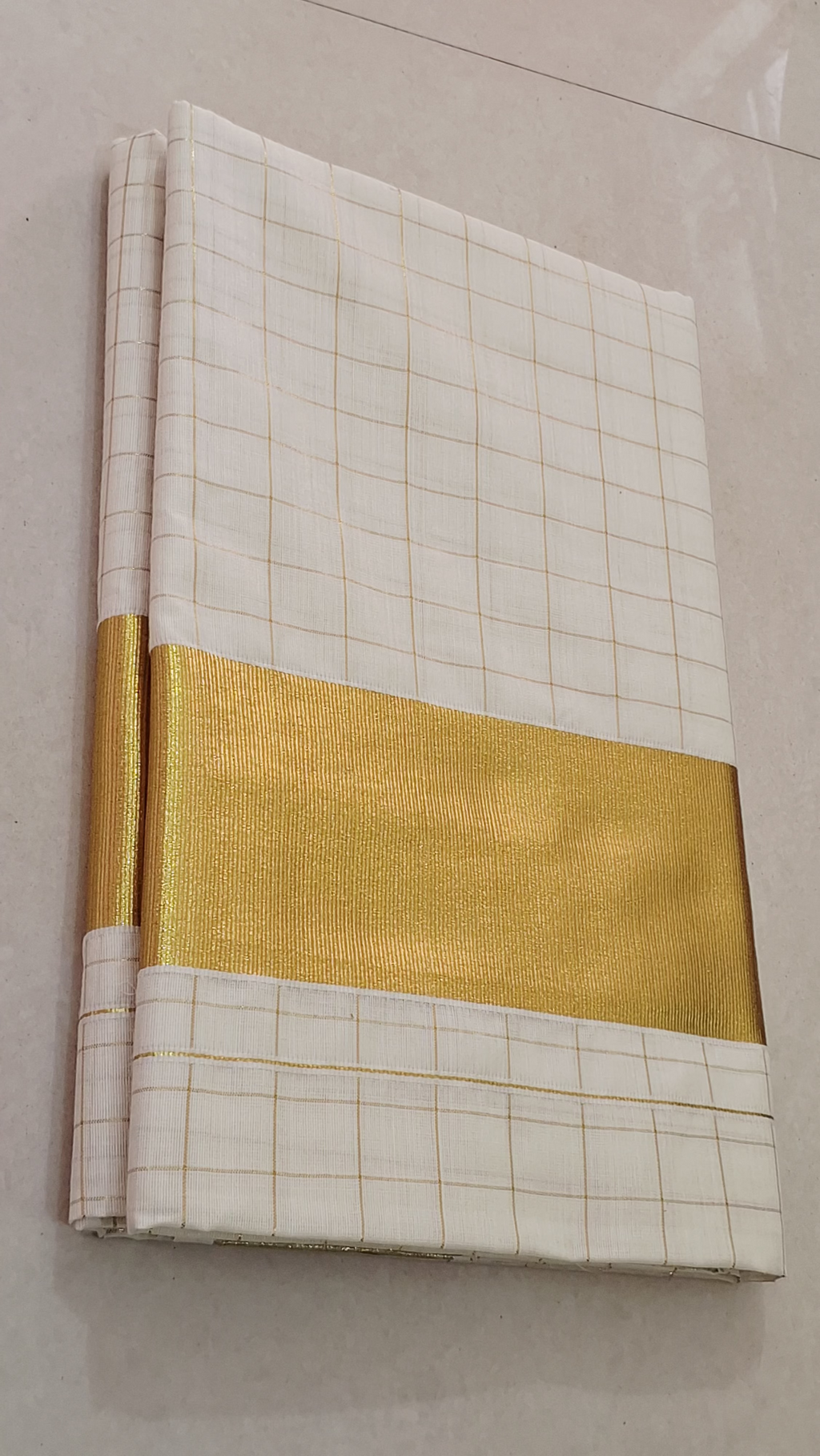 Kerala Set Saree with Golden Zari Checks