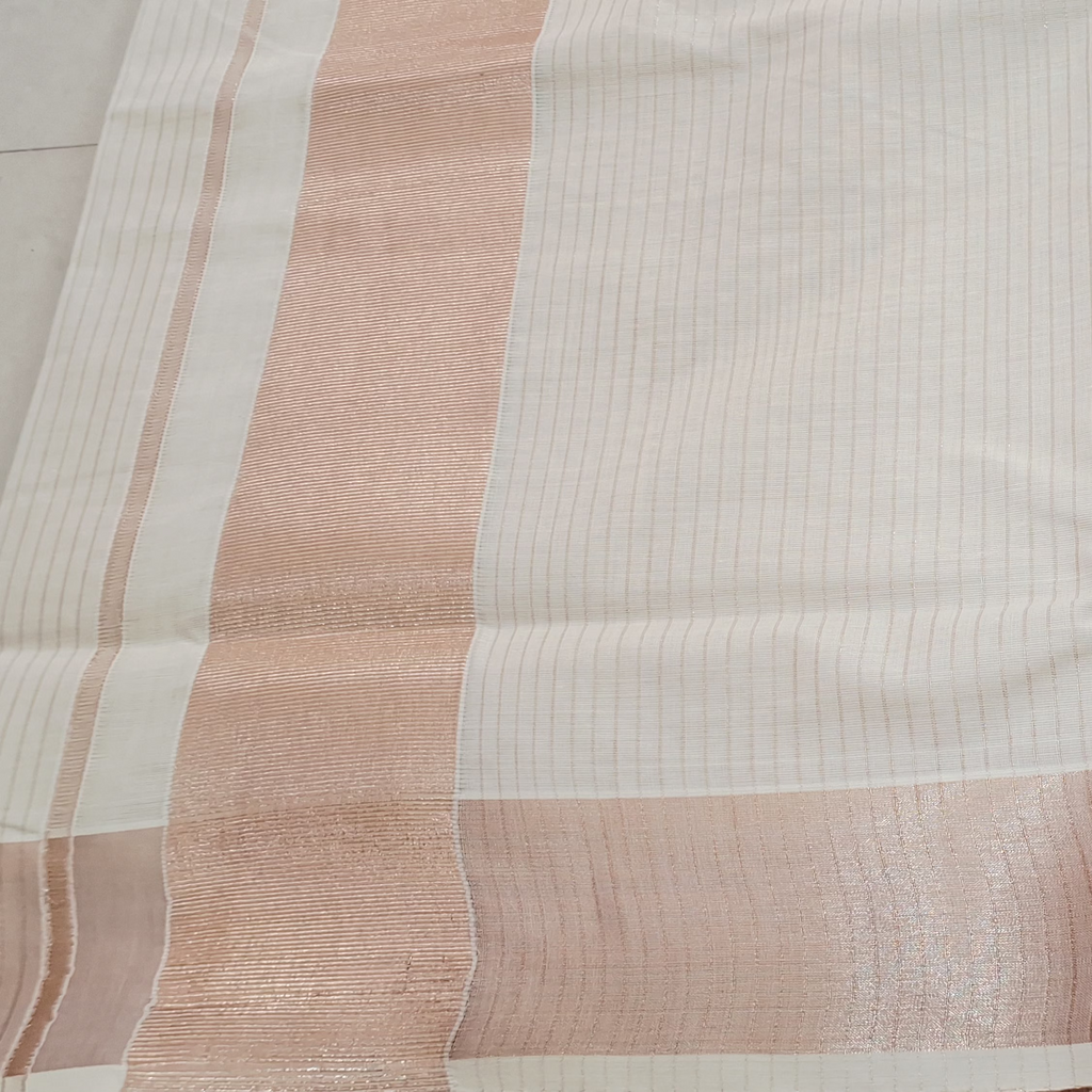 Kerala Cotton Saree with Stripes Lines-Rose Gold Zari