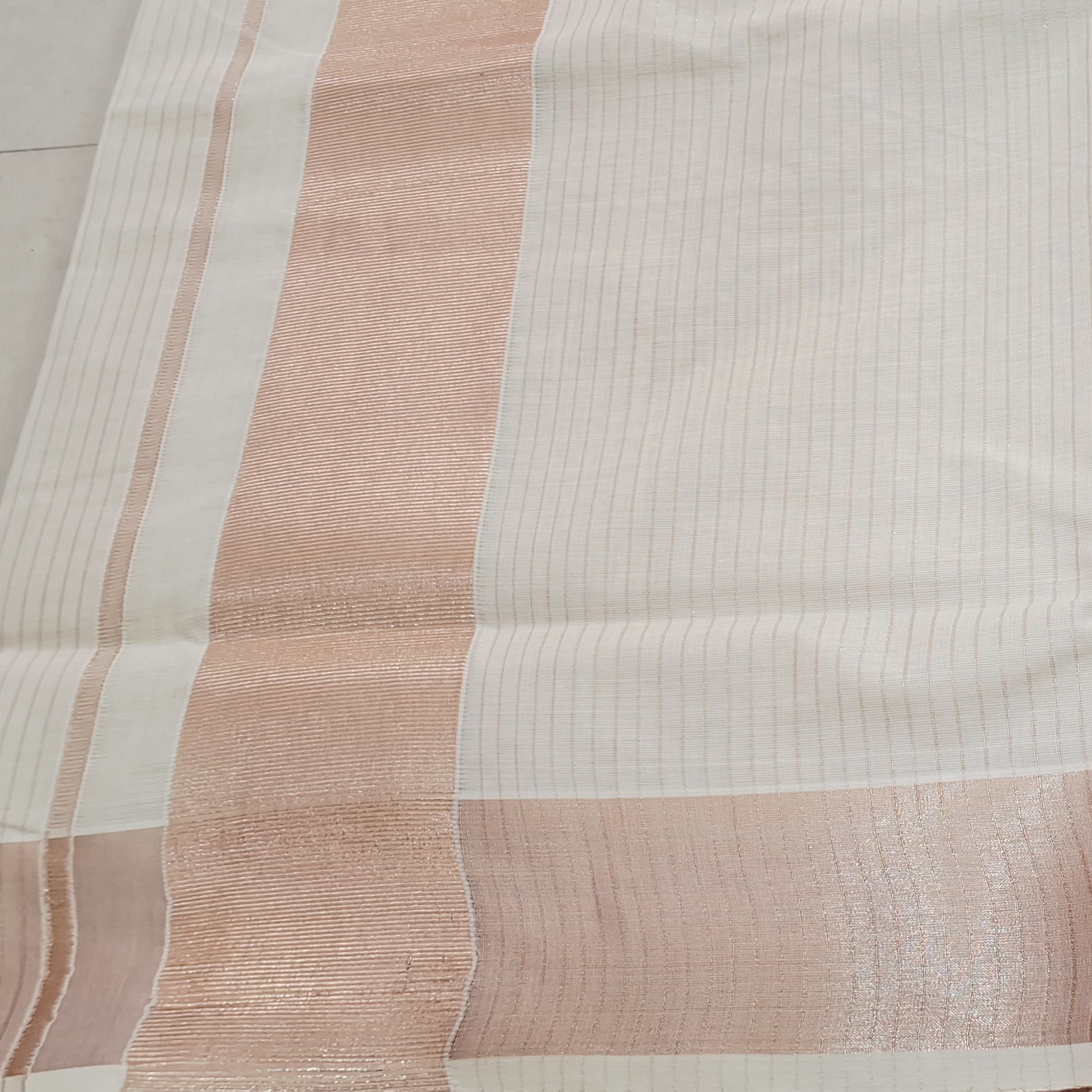 Kerala Cotton Saree with Stripes Lines-Rose Gold Zari