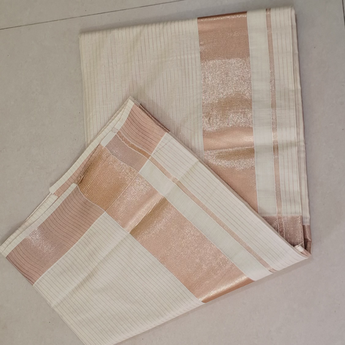 Kerala Cotton Saree with Stripes Lines-Rose Gold Zari