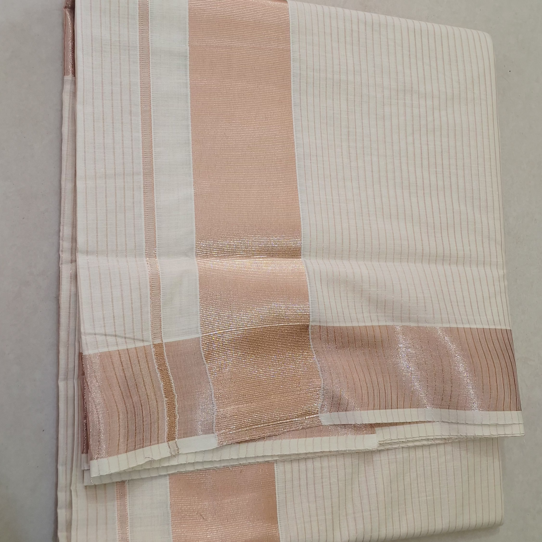 Kerala Cotton Saree with Stripes Lines-Rose Gold Zari