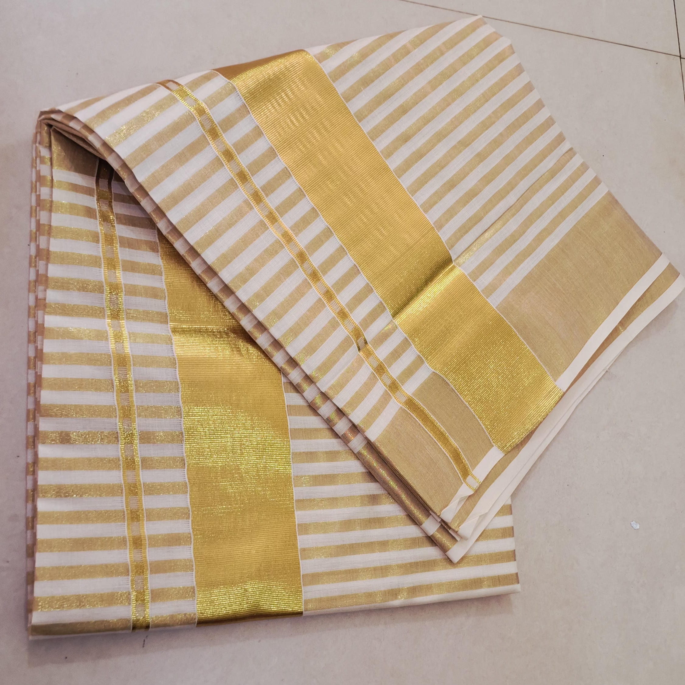 Kerala Cotton Kasavu Saree with Stripe Lines