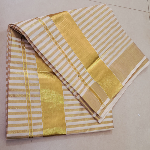 Kerala Cotton Kasavu Saree with Stripe Lines