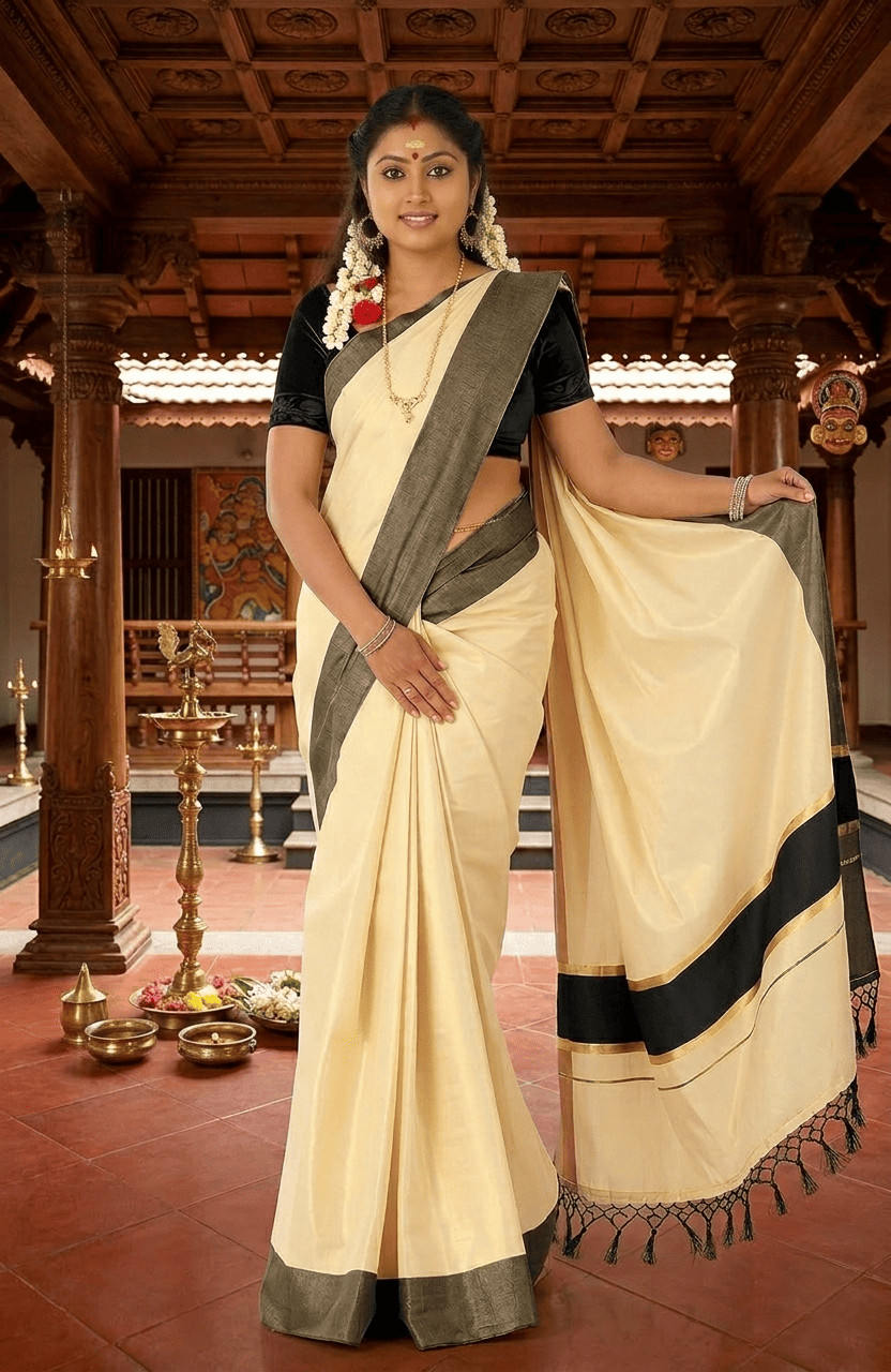 Tissue Saree With Fancy Colour Border And Tassels (Kunchalam) With Blouse Piece