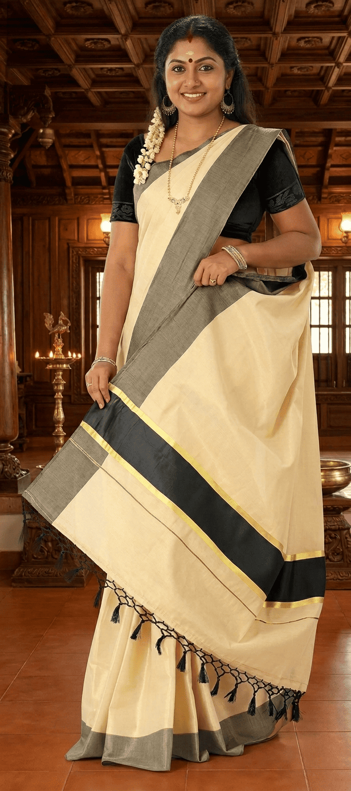 Tissue Saree With Fancy Colour Border And Tassels (Kunchalam) With Blouse Piece
