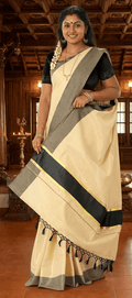 Tissue Saree With Fancy Colour Border And Tassels (Kunchalam) With Blouse Piece