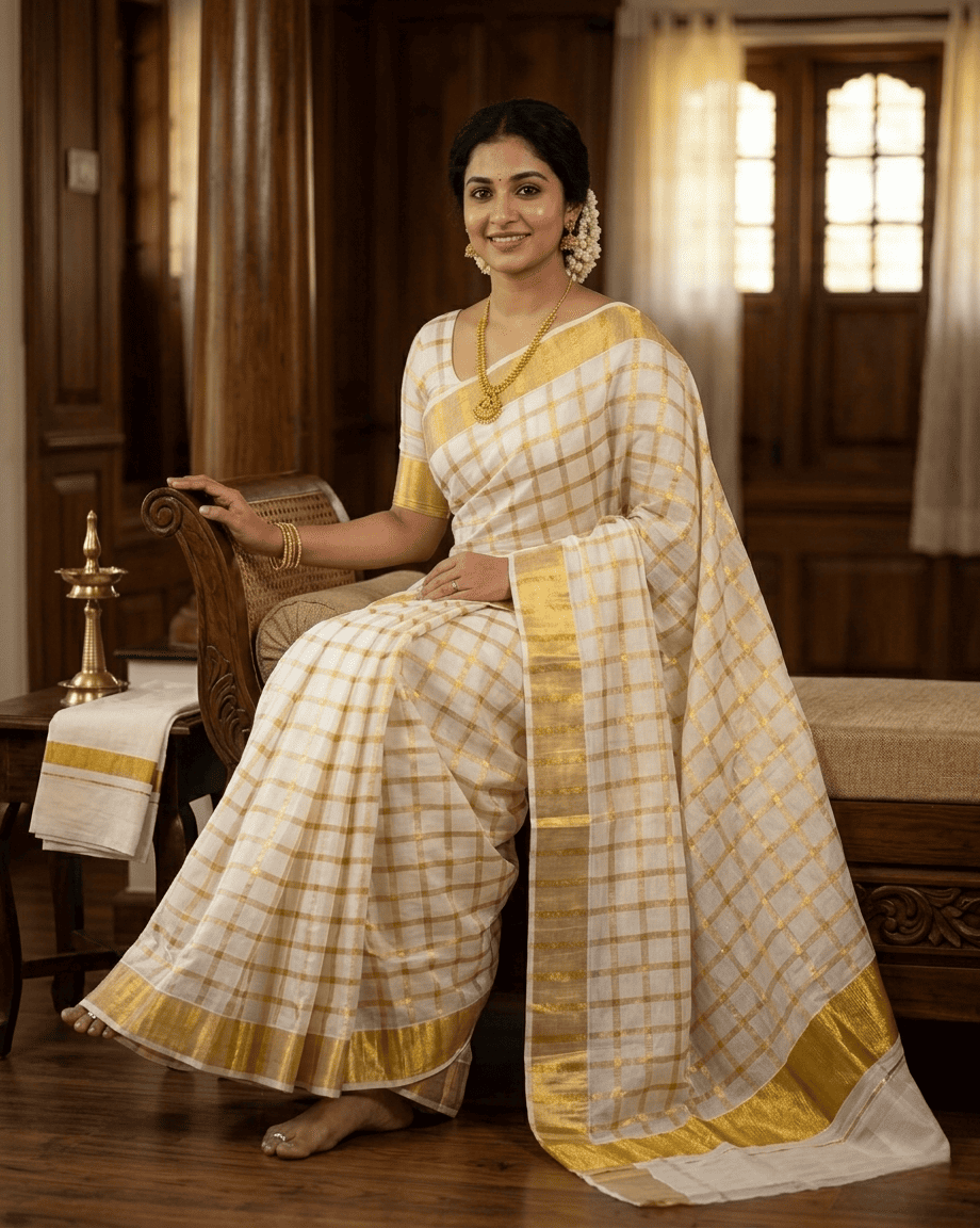 Kerala Saree with Cotton Kasavu Checks