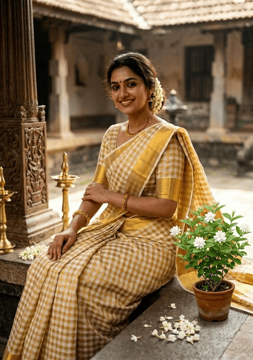 Kerala Saree with Cotton Kasavu Checks