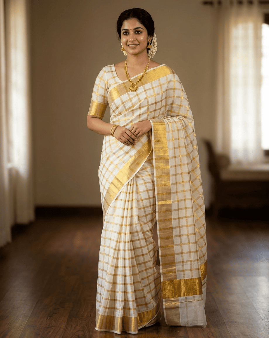 Kerala Saree with Cotton Kasavu Checks
