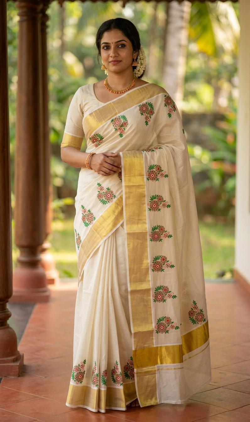 Kerala Tissue Kasavu Set Saree With Flower Print