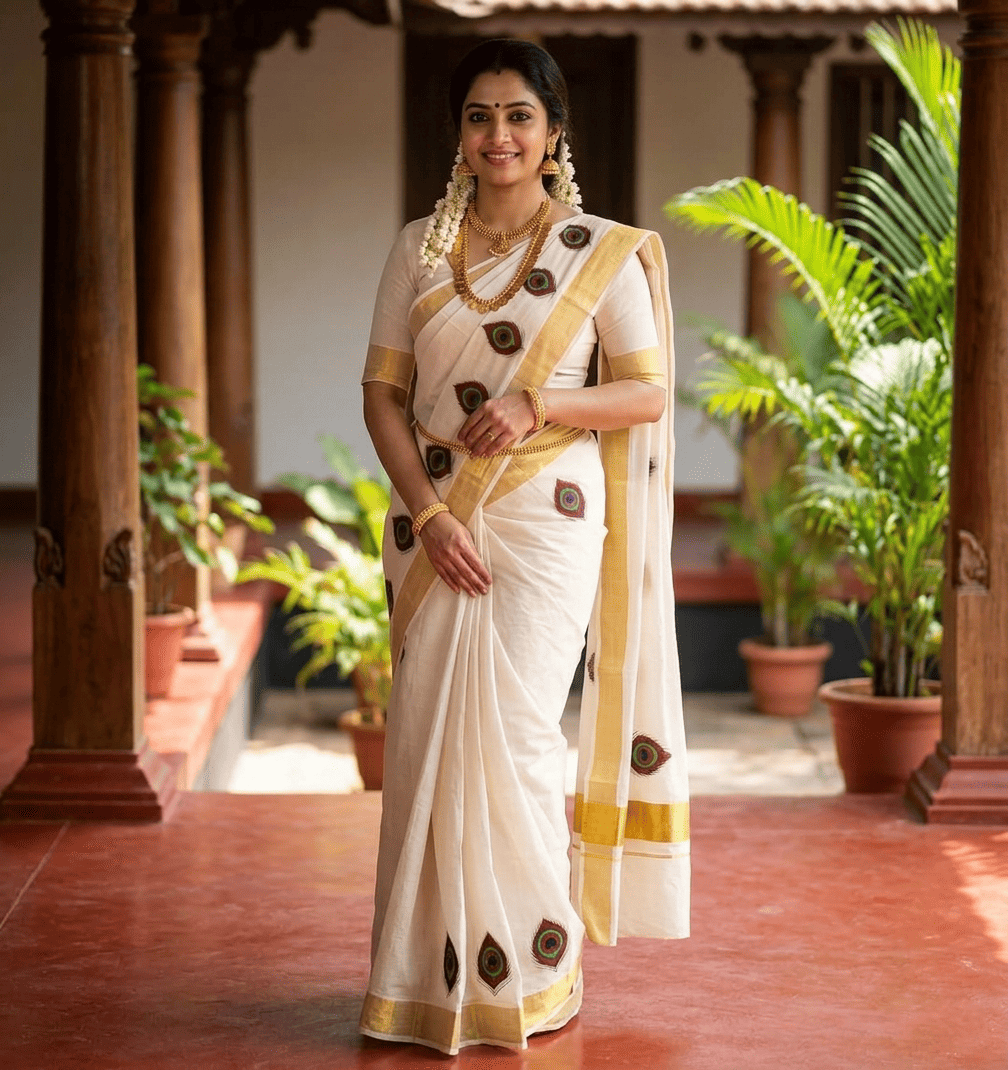 Kerala Cotton Kasavu Set Saree With Peeli Print write a description