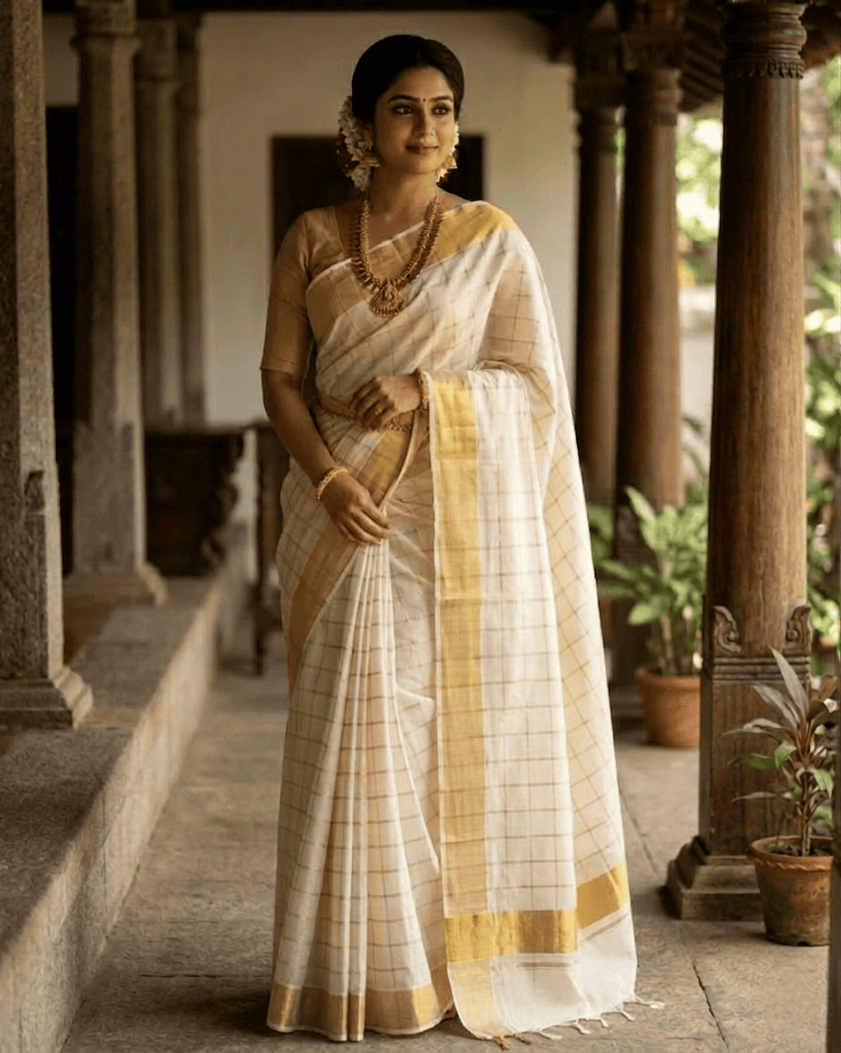 Kerala Saree with Cotton Kasavu Checks