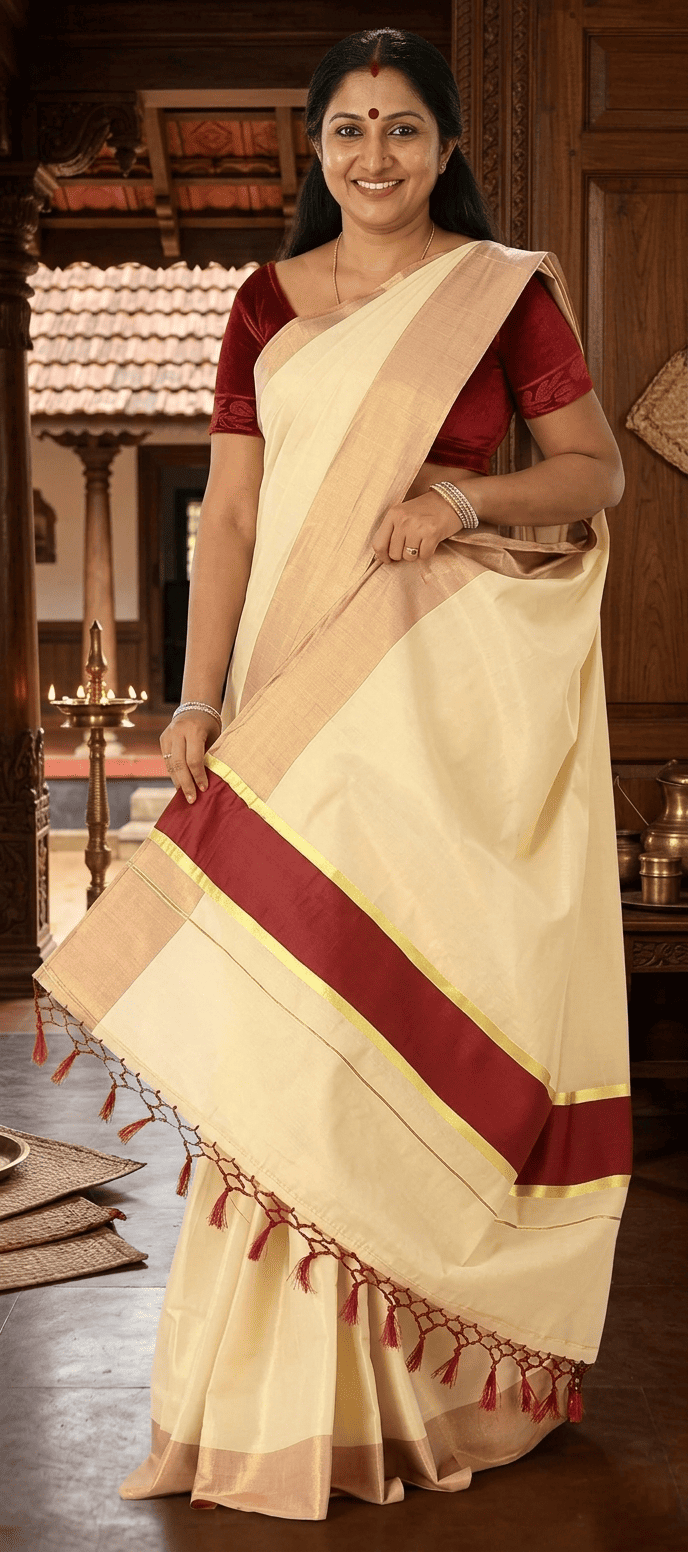 Tissue Saree With Fancy Colour Border And Tassels (Kunchalam) With Blouse Piece