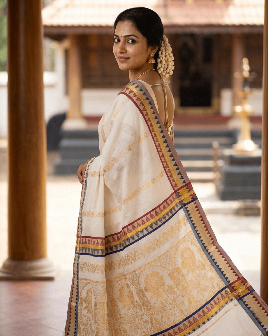 Kerala Cotton Self Weaved Design Saree with Colour Border