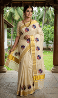 Kerala Tissue Kasavu Set Saree With Flower Print
