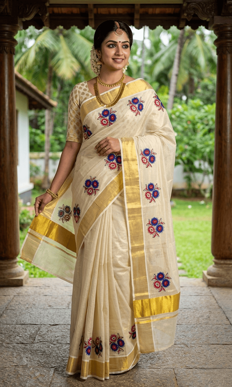 Kerala Tissue Kasavu Set Saree With Flower Print