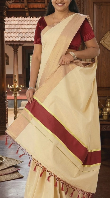 Tissue Saree With Fancy Colour Border And Tassels (Kunchalam) With Blouse Piece
