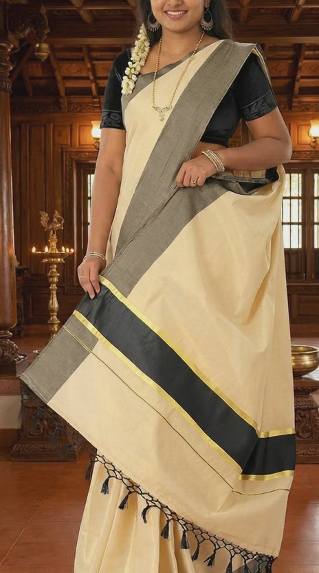 Tissue Saree With Fancy Colour Border And Tassels (Kunchalam) With Blouse Piece